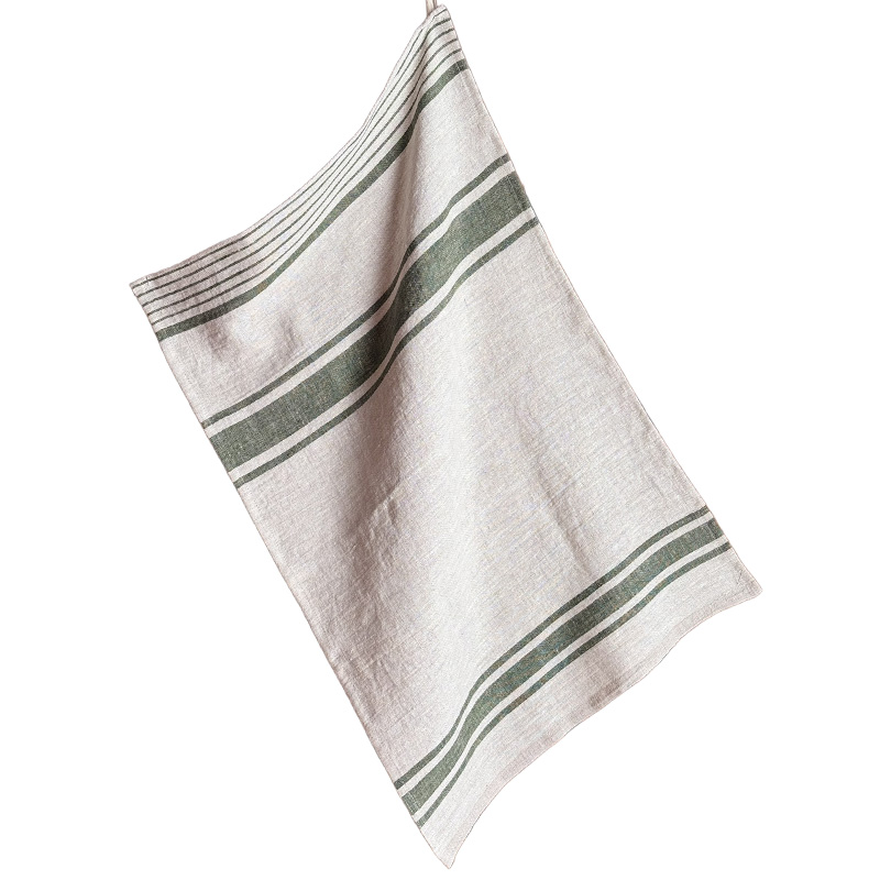 Rustic Green Linen Tea Towel No. 1-La-Bottega-di-Casa Rustic Green No. 1 striped linen tea towel on natural linen ground – La Bottega di Casa